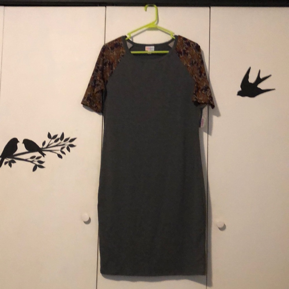 LuaLaRoe M Julia Dress heather gray with patterned sleeves NWT new with tags